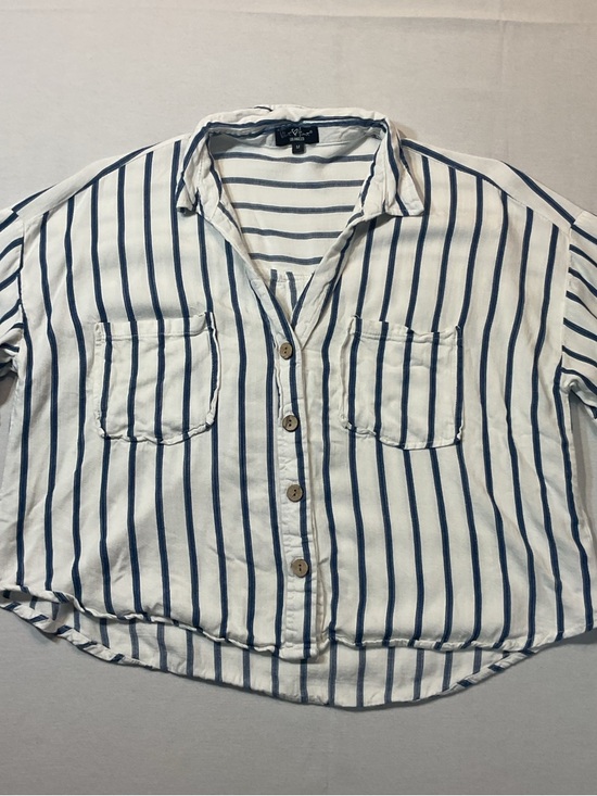 Velvet Heart Tops - Velvet Hearts Short Sleeve Striped Cropped Shirt M Blue/White Linen Blend Button